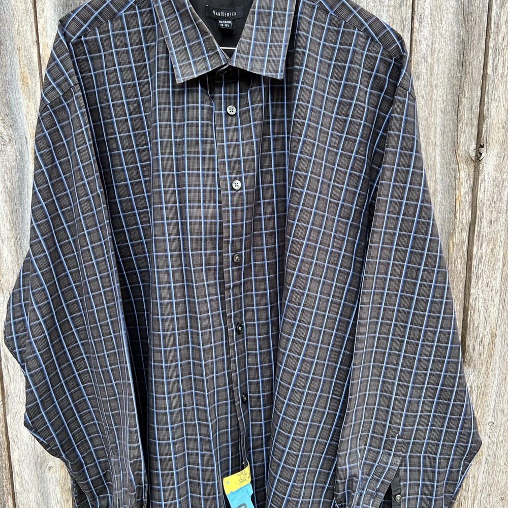 VAN HEUSEN Men's Black blue Square Plaid Button Up Long Sleeve Dress Shirt XXL - Picture 5 of 6